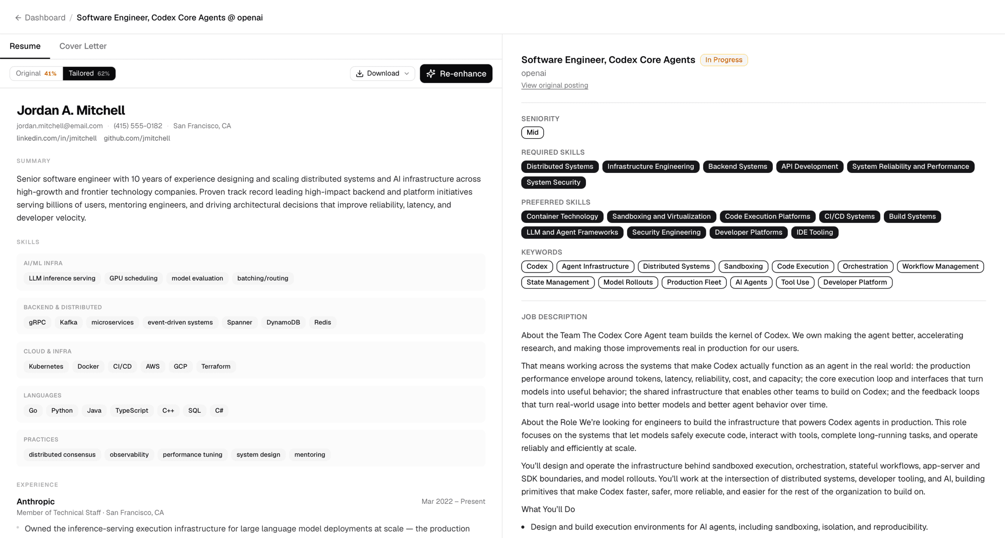 CareerFufu split-view showing tailored resume on the left with 62% match score alongside the job description on the right