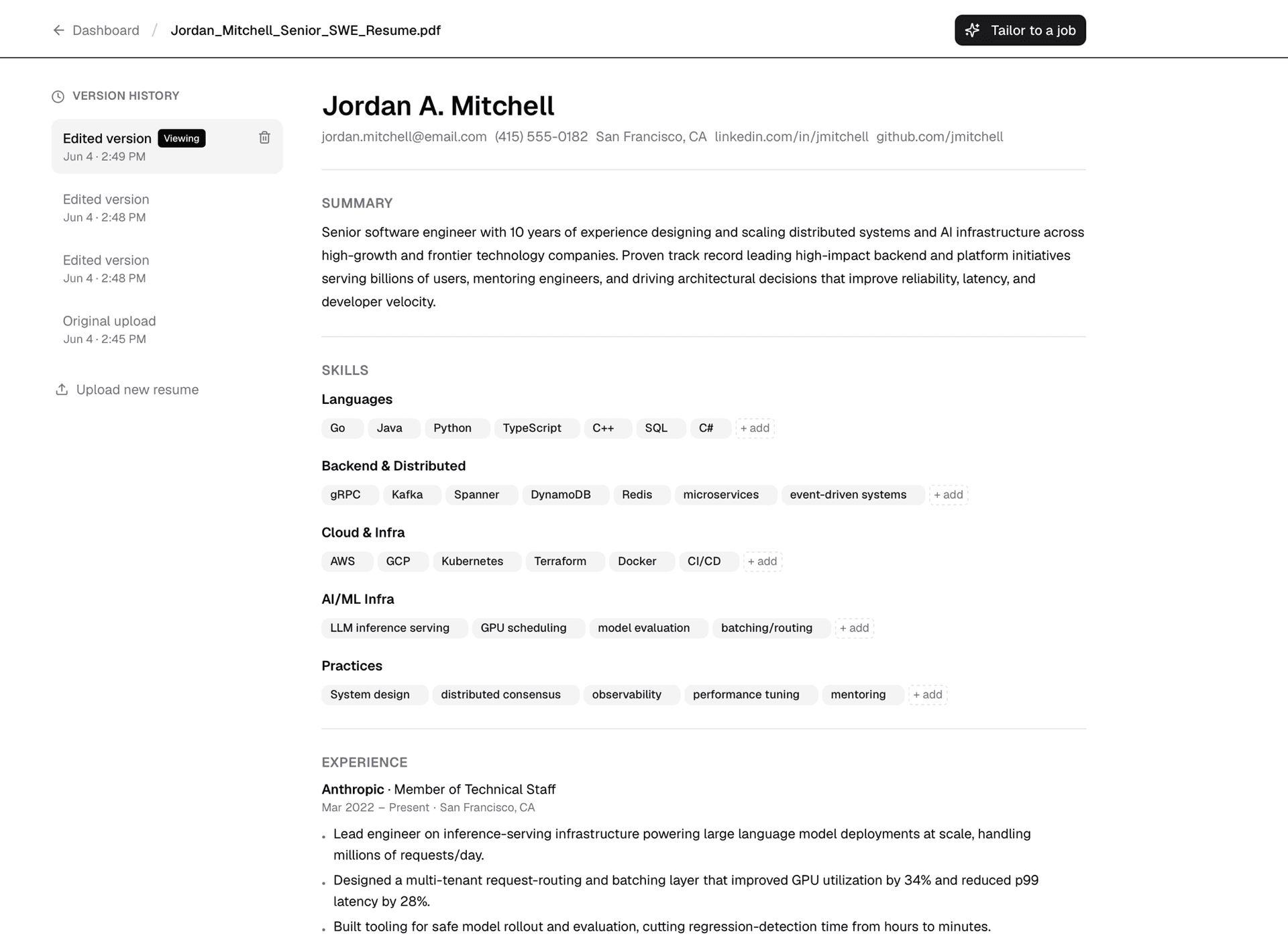Resume editor showing version history sidebar with original upload preserved alongside edited versions